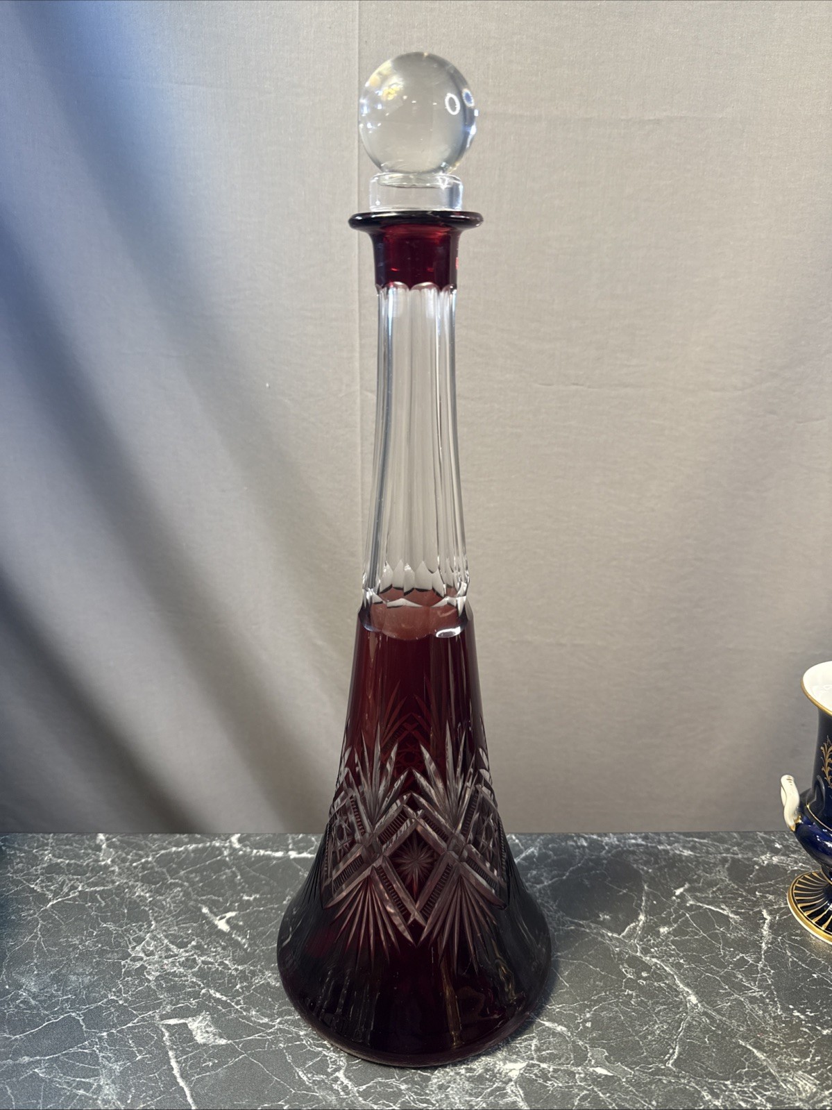 Vintage Bohemian Cranberry to Clear Cut Glass Crystal Decanter with Stopper