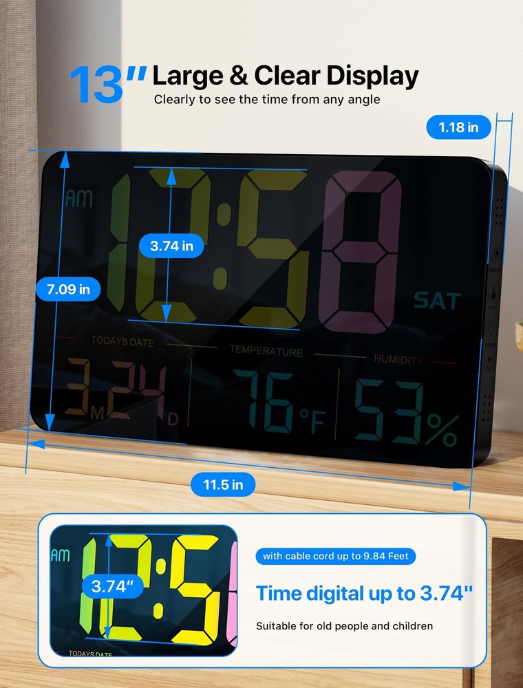MASHI Digital Clock, 13" Large Display Digital Wall Clock, Adjustable Brightn...