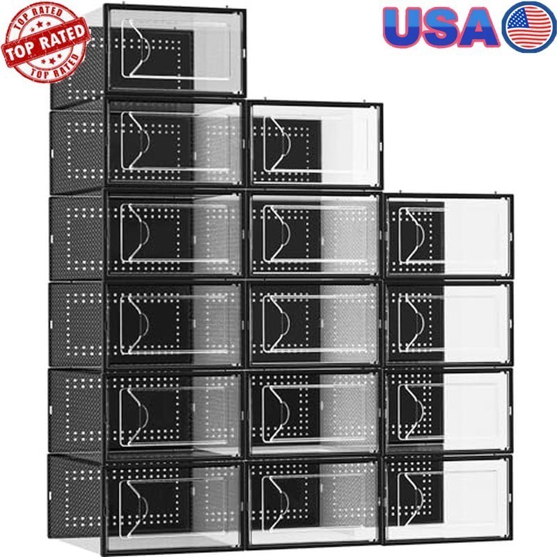 15 Pack Shoe Storage Boxes Clear Stackable Interlocking Organizer Closet New