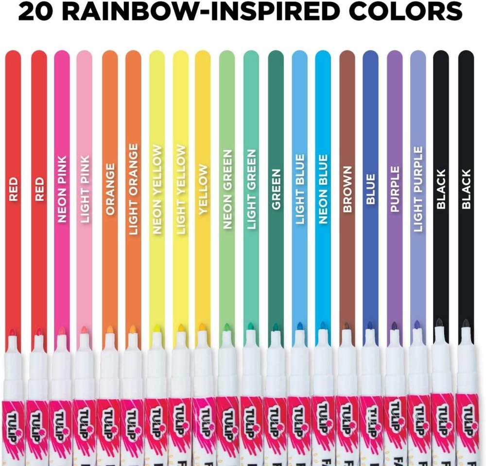 Permanent Fabric Markers Rainbow 20 Pack Fine Tip Minimal Bleed & Fast Drying