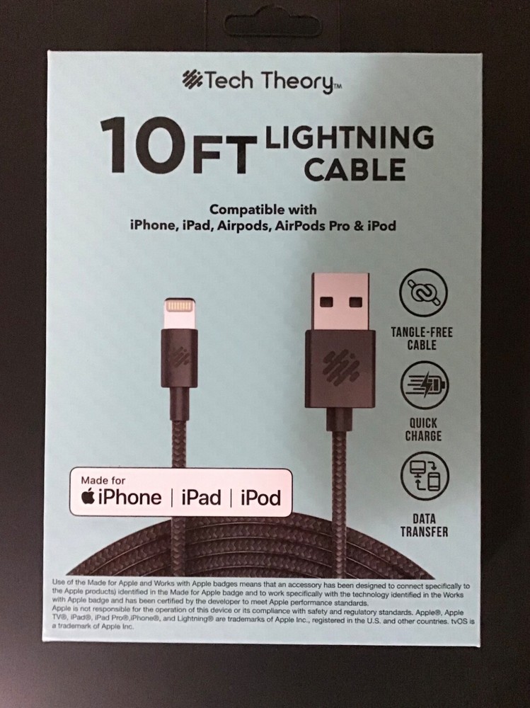 NEW Tech Theory 10ft Cable Compatible with iPhone, iPad, iPod-Charge/Transfer