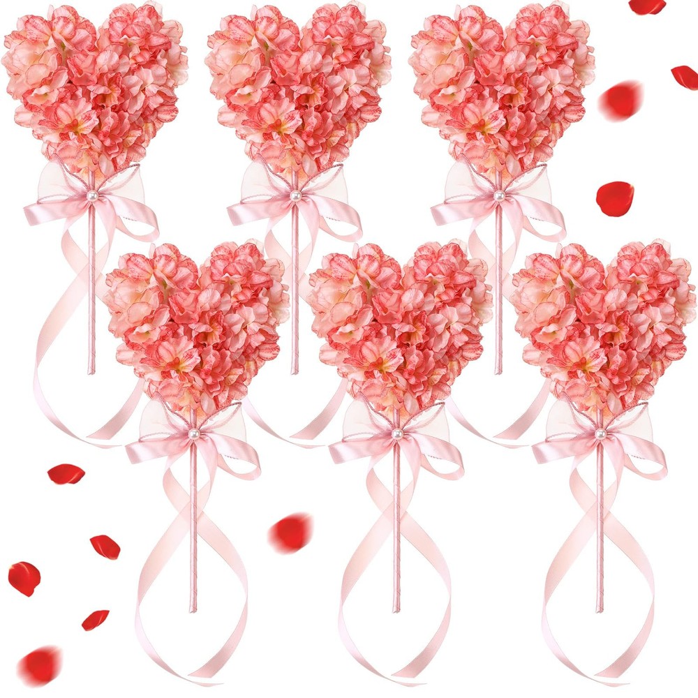 Suncalla 6 Set Heart Shaped Artificial Hydrangea Decor, Romantic Pink