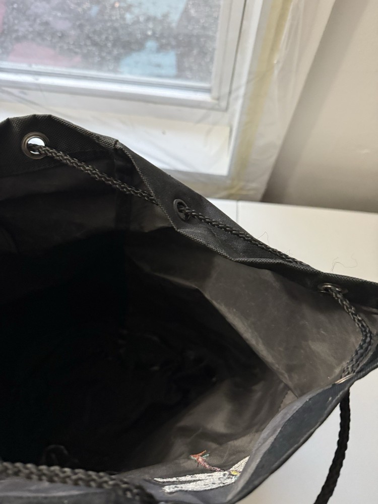 Black Nylon Drawstring Storage Bag with Dragonfly Embroidery, Large