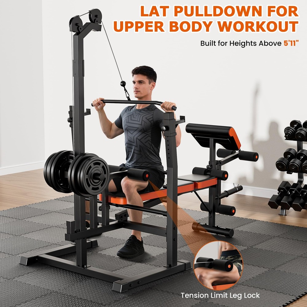 9-in-1 Adjustable Olympic Weight Bench with Lat Pulldown, Row, Squat Rack & L...