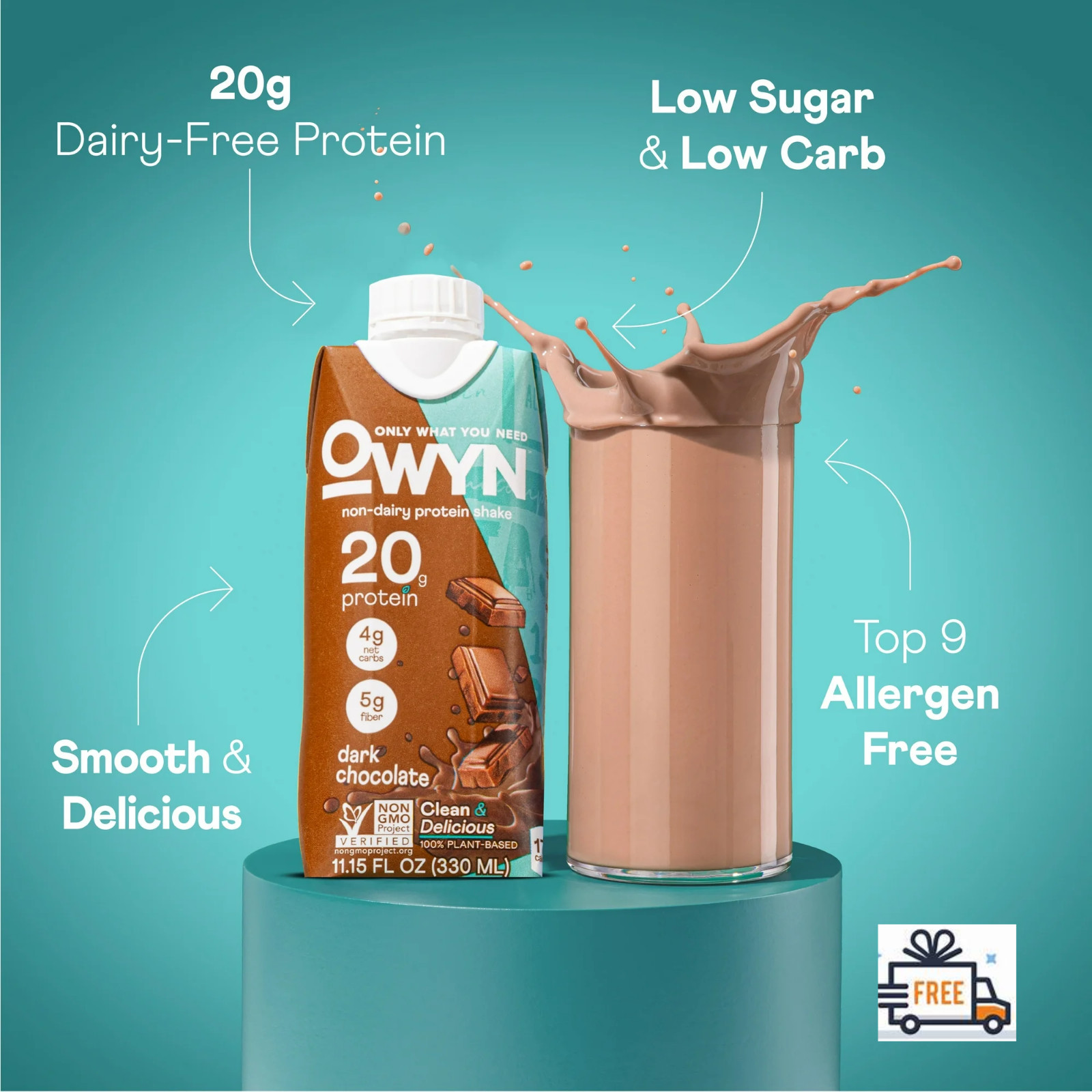 OWYN Plant-Based 20g Protein Shake, Dark Chocolate, 11.15 fl oz, 4 Count