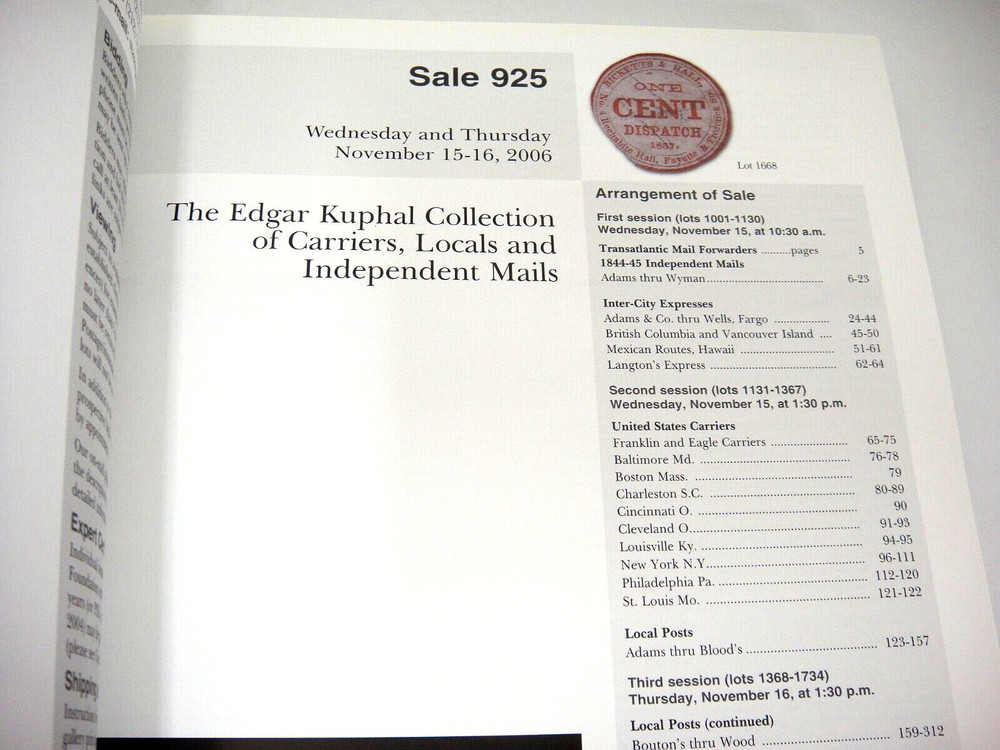 Siegel Stamp Auction Catalog Kuphal US Carriers Locals Independent Mails 2006