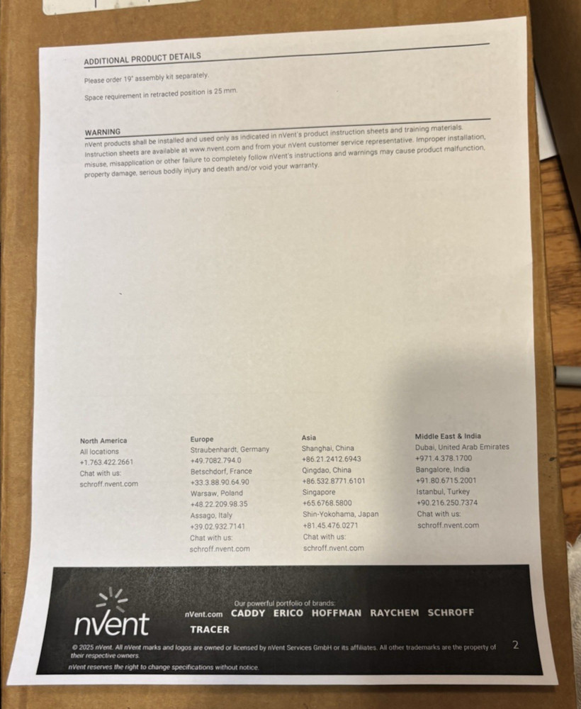 NEW Cable arm nVent SCHROFF # 20118-729 1U Cable Support Arm with Return Spring