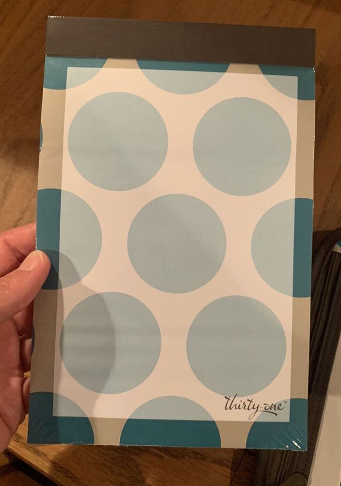 Thirty One Fold It Up Organizer Notepad Holder Teal Circles & Ivory/Brown