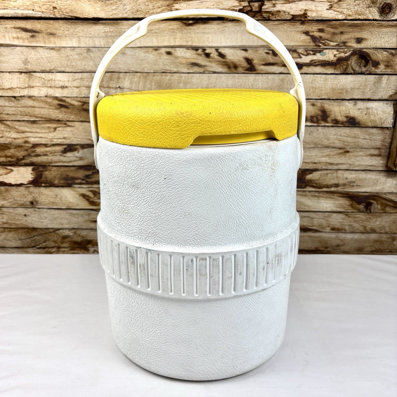 Vintage Igloo 2 Gallon Water Cooler Dispenser Houston TX Yellow White Handle Jug