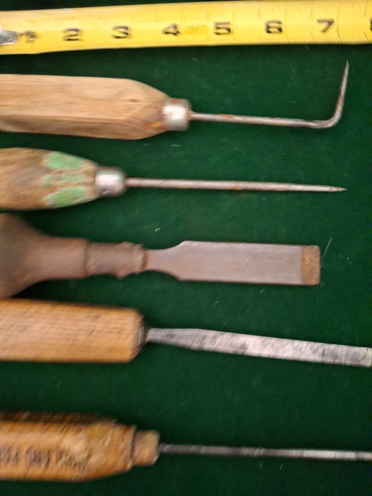 6 Vintage Wood Handled Awl / Punch~Scraper/Strike Cap CHISEL?
