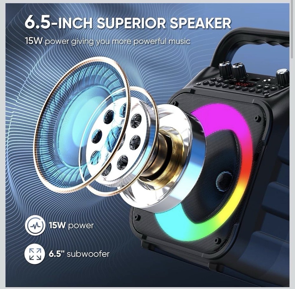 Karaoke Machine w/2 Wireless Mics Bluetooth Speaker PA Lights USB/FM