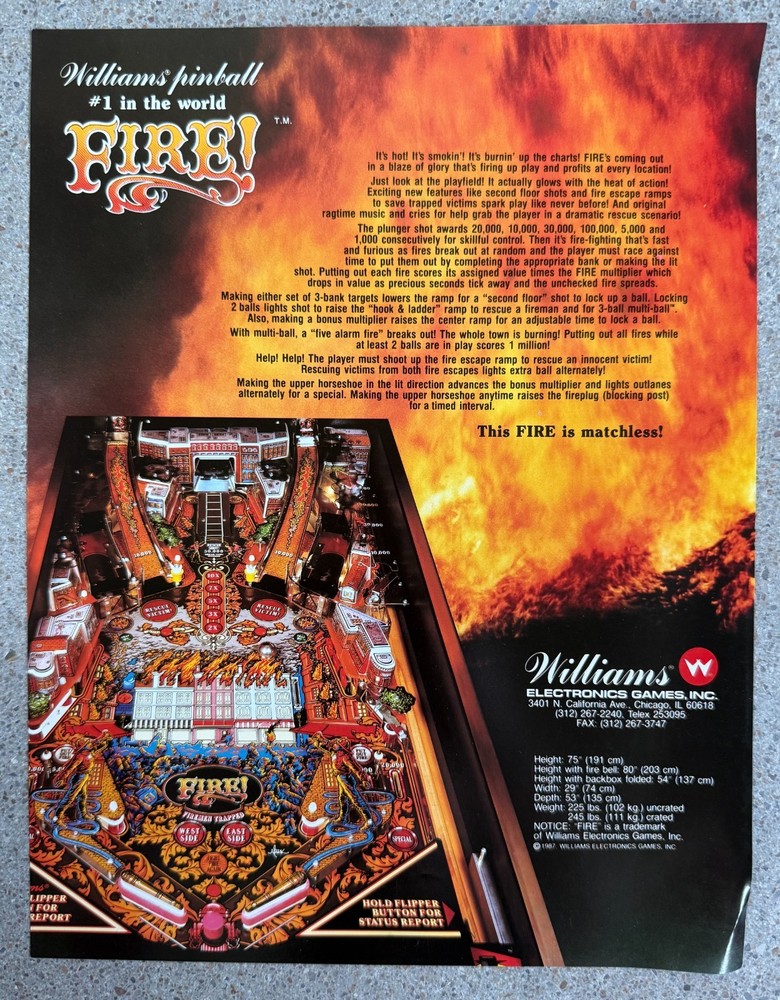 Fire! Original Pinball Arcade Flyer | 1987 Williams | Good Condition
