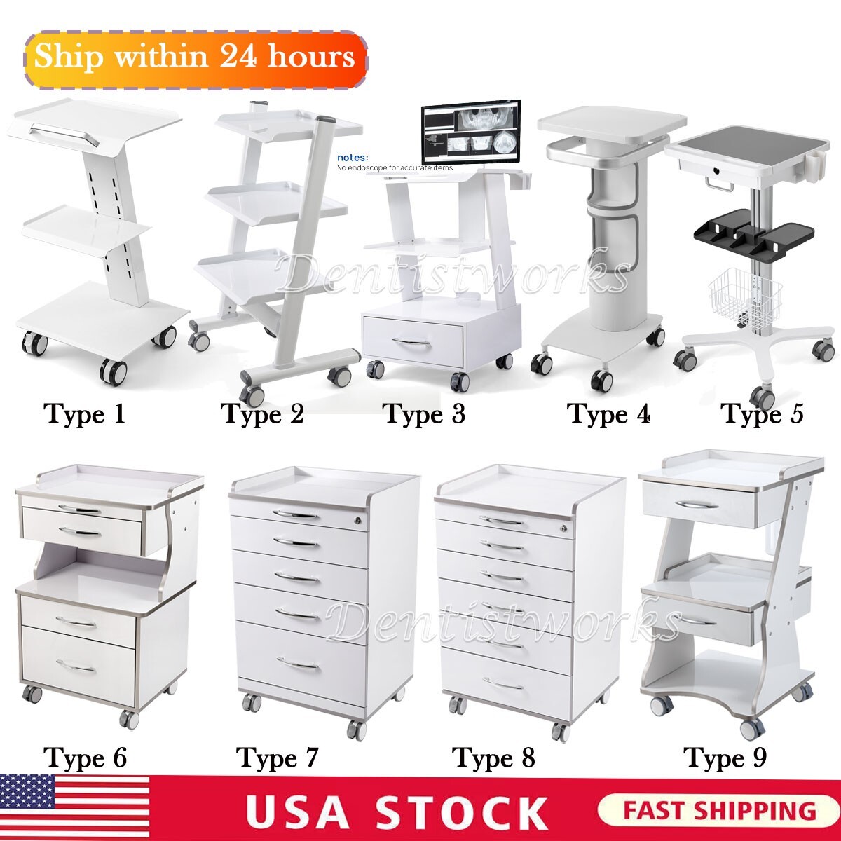 Dental Mobile Medical Cart /Cabinet with Drawers Wheels /Endo Implant Trolley
