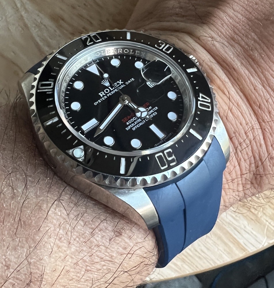 22mm Blue Vulcanized Caoutchouc rubber Strap Fits 43mm Rolex SeaDweller Watches