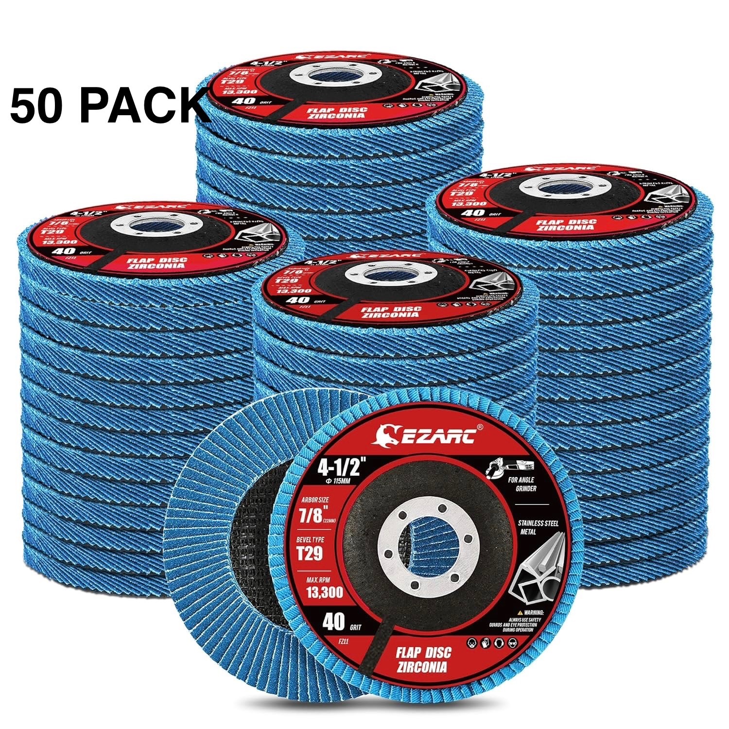 50pk EZARC 40 Grit, 4 1/2 X 7/8-Inch Flap Sanding Disc, Type 29 Zirconia