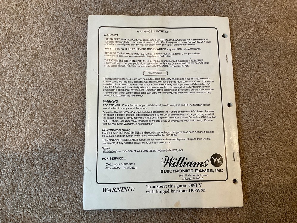 Original Williams Whirlwind pinball owners manual