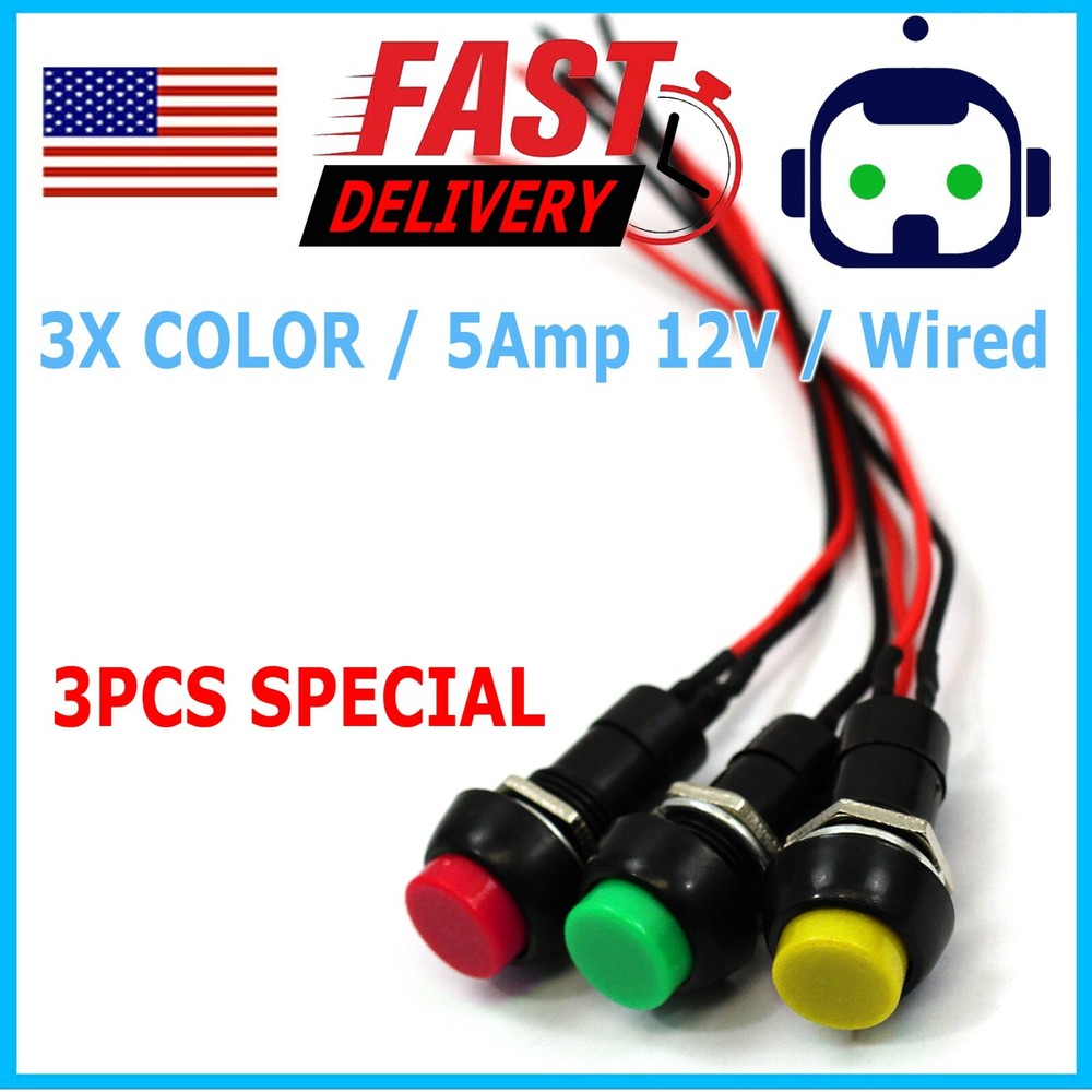 12mm 12V 5Amp Mount Push Button Lockless Momentary ON/OFF Wired Cabled Switch