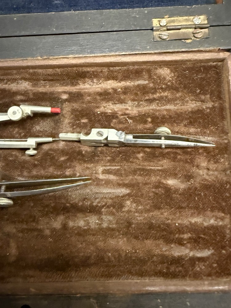 Vintage Drafting Compass Set w/ Wooden Case Engineers Drawing Instruments