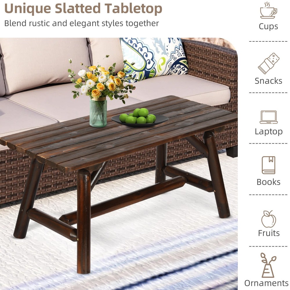 Outdoor Log End Table Coffee Table with Slat Tabletop Rustic Wooden Side Table