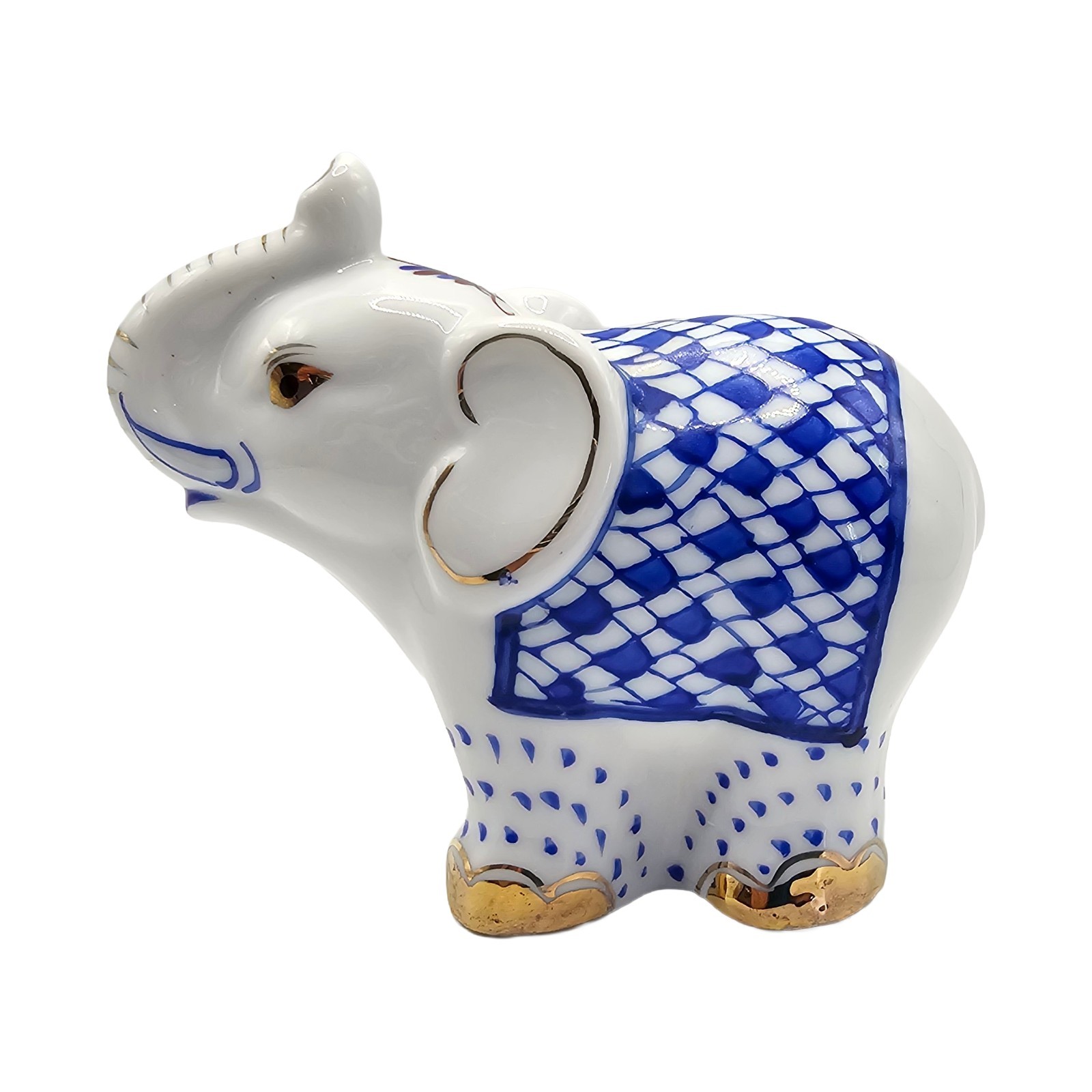 Vintage Blue Fishnet Porcelain Elephant Figurine Gold Accents Trunk Up Lucky 4"