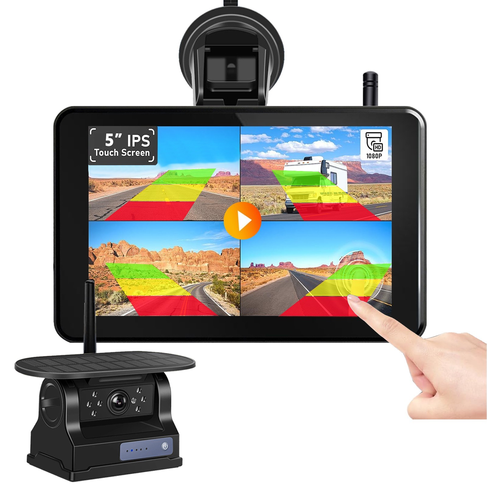 Solar Magnetic Wireless Backup Camera 1080P Monitor TouchScreen Car Truck Camper