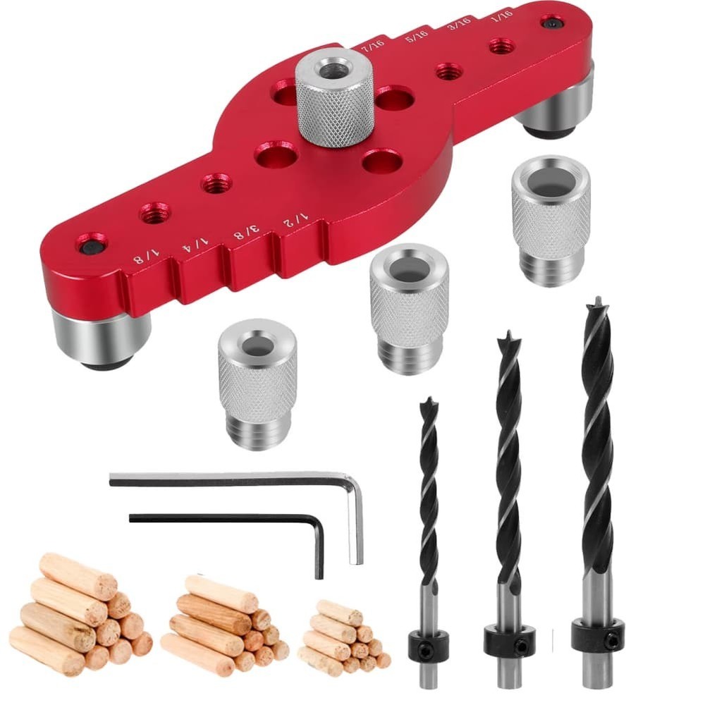 Red Woodworking Drill Positioner with Self Centering and Depth Stop Features