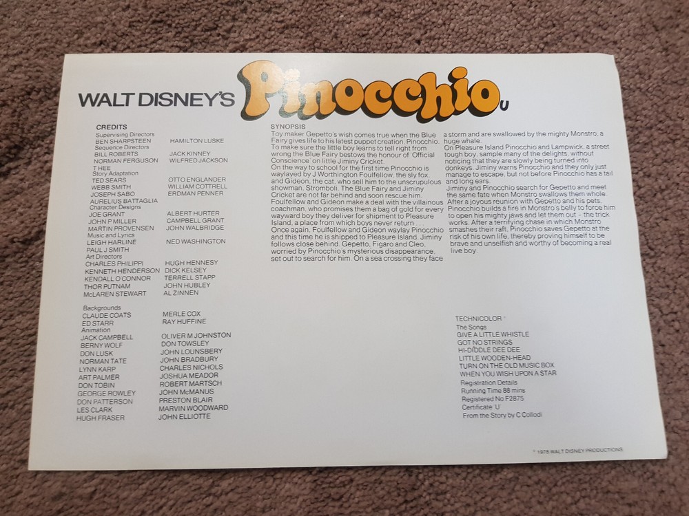 Pinocchio - Synopsis Sheet from 1978 Walt Disney