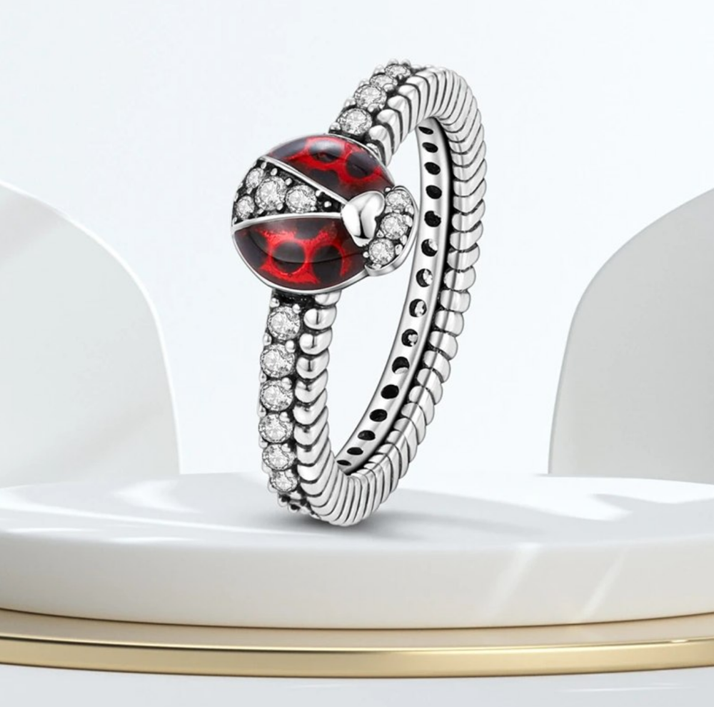 Quality Sterling Silver Plated Cartoon Ladybug Zirconia Ring