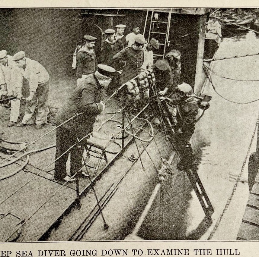 1914 WW1 Print Deep Sea Diver Examines Battleship Navy Ship Antique Military