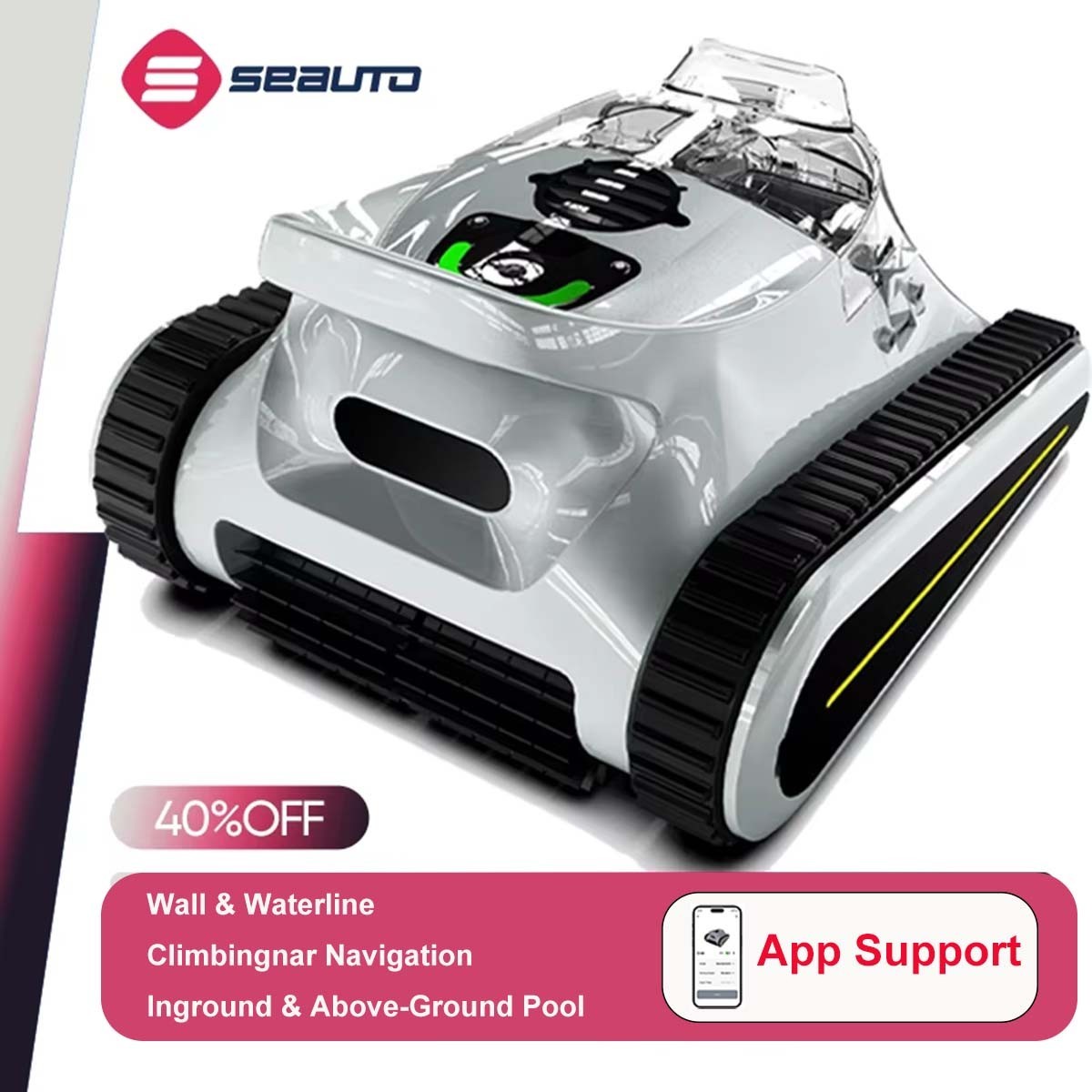Seauto Cordless Robotic Pool Cleaner Wall & Waterline Cleaning Up to 2150 Sq.Ft