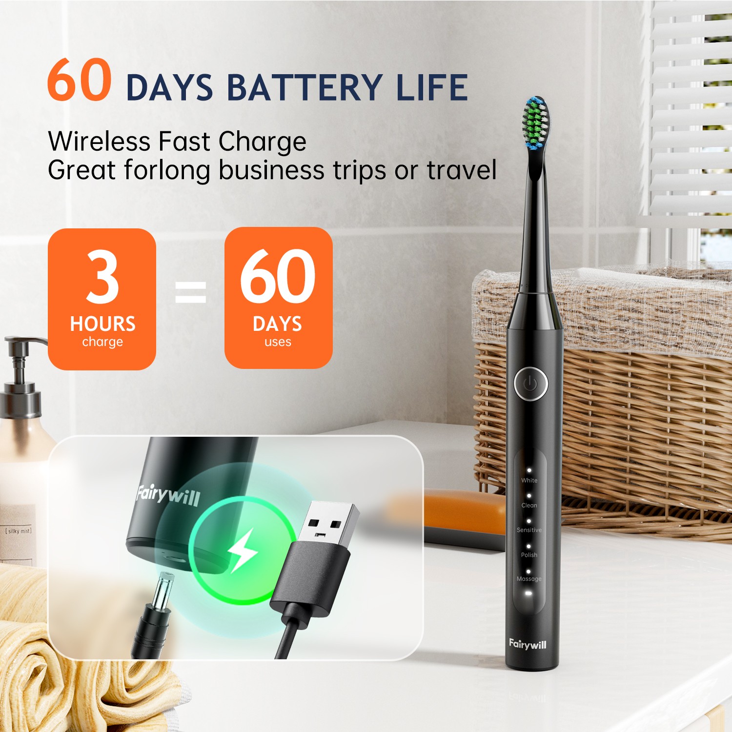 Fairywill Sonic Electric Toothbrush 5 Mode Timer Rechargeable with 6 Brush Heads