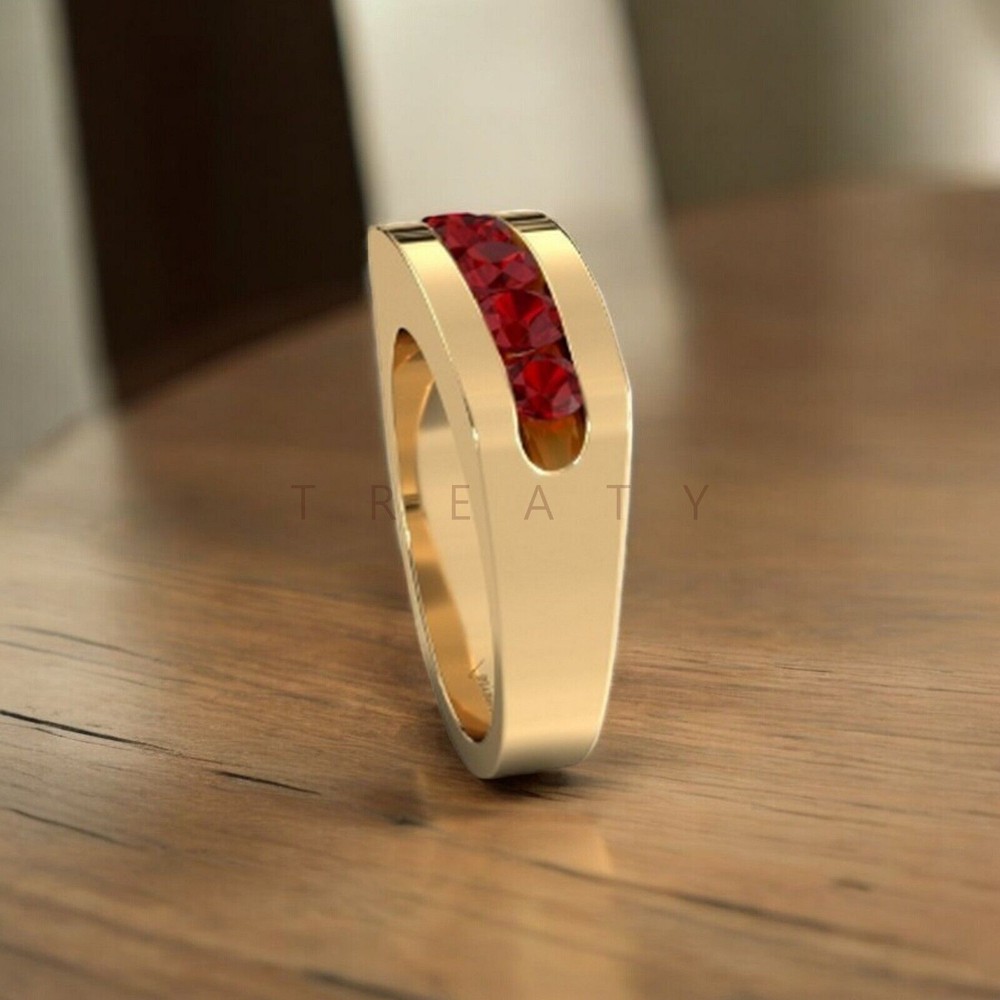 Ruby Round Cut With 14K Solid Yellow Gold Ring For Men's #A204