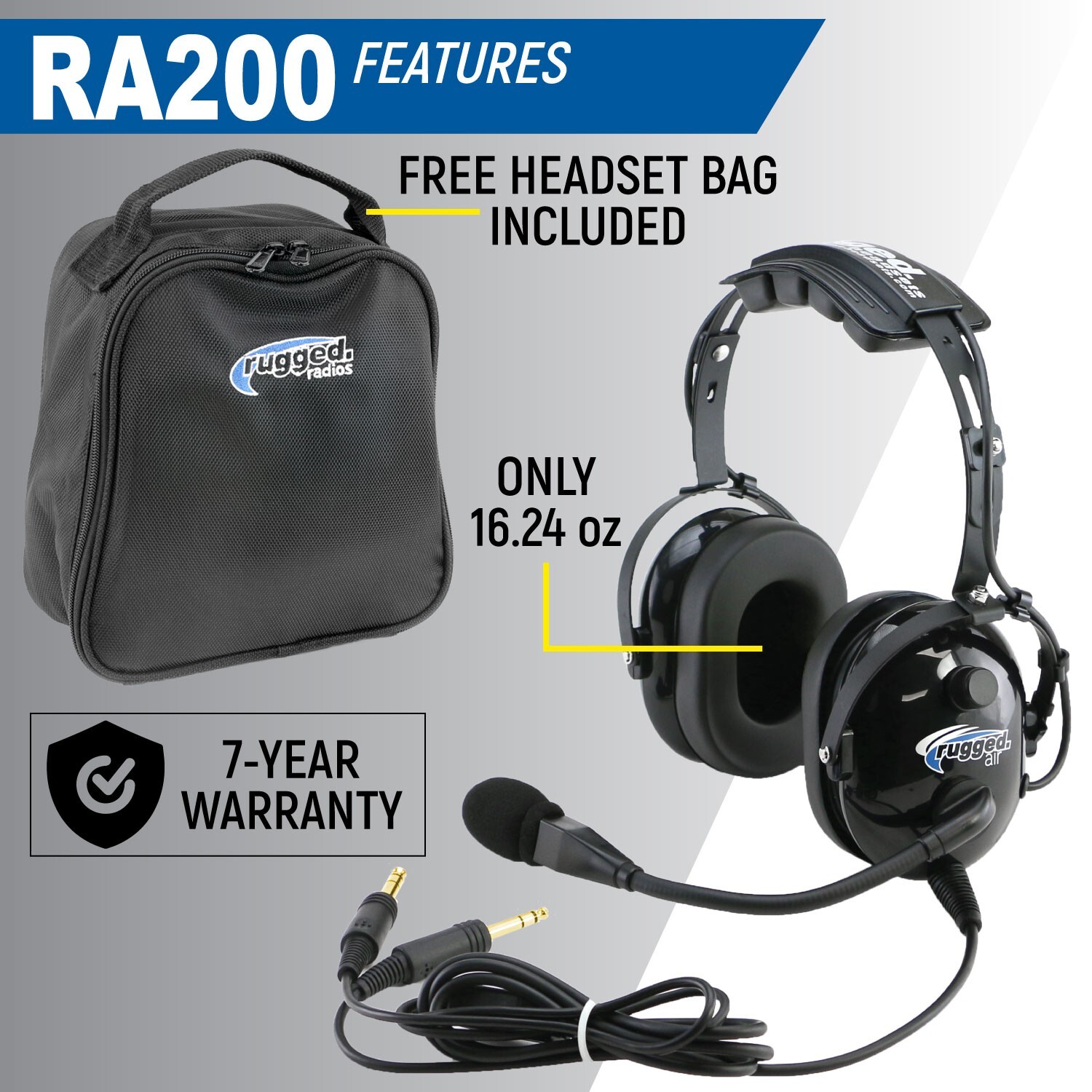 Rugged Air RA200 General Aviation Pilot Headset w/ MP3 Music Input A20 X GA Plug