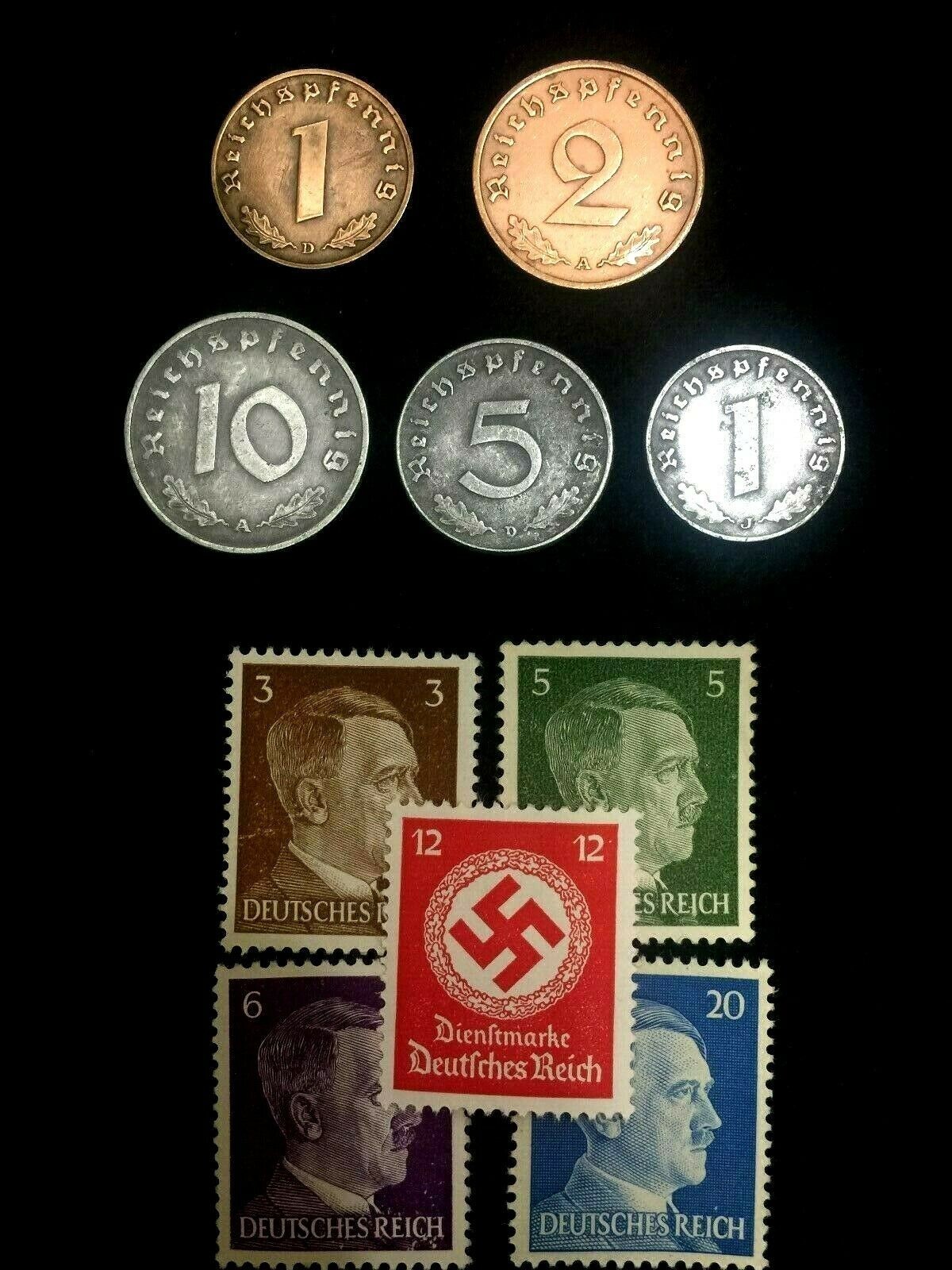 Rare WW2 German Coins & Stamps Set Of Historical Artifacts - 5 Stamps & 5 Coins