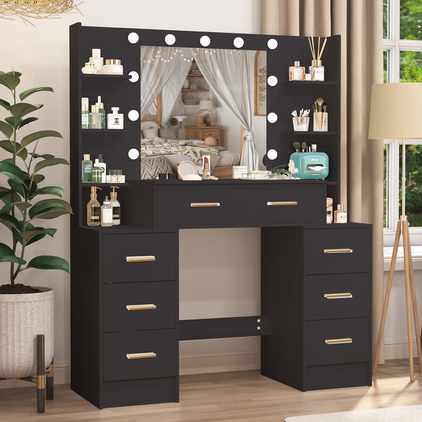 Vanity with Large Mirror and LED Lights Makeup Vanity Desk with 7 Drawers,Black
