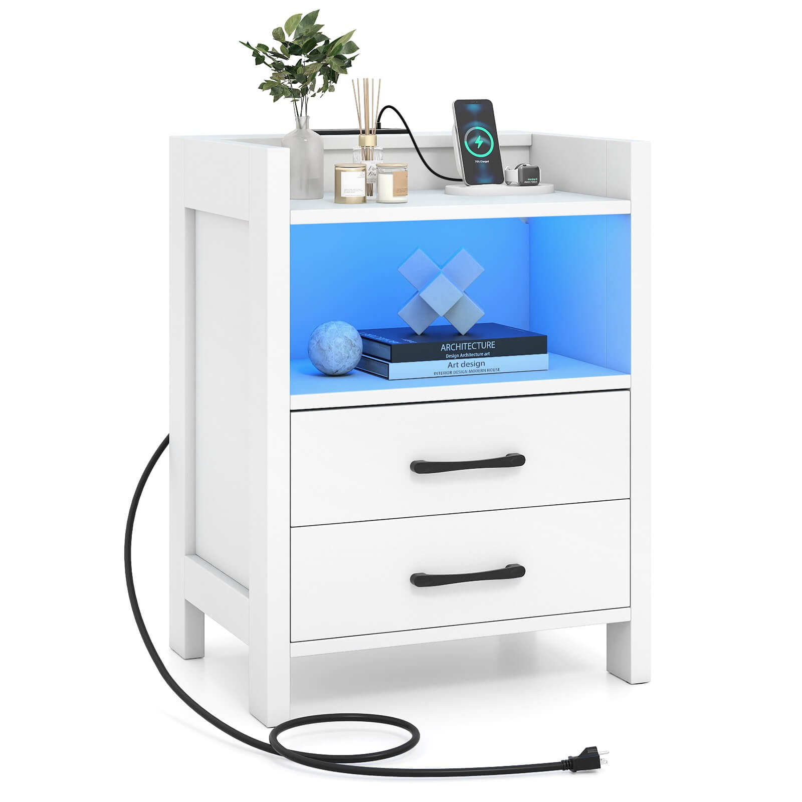 23.5” Nightstand w/LED Lights & Charging Station, USB Port & Outlets for Bedroom