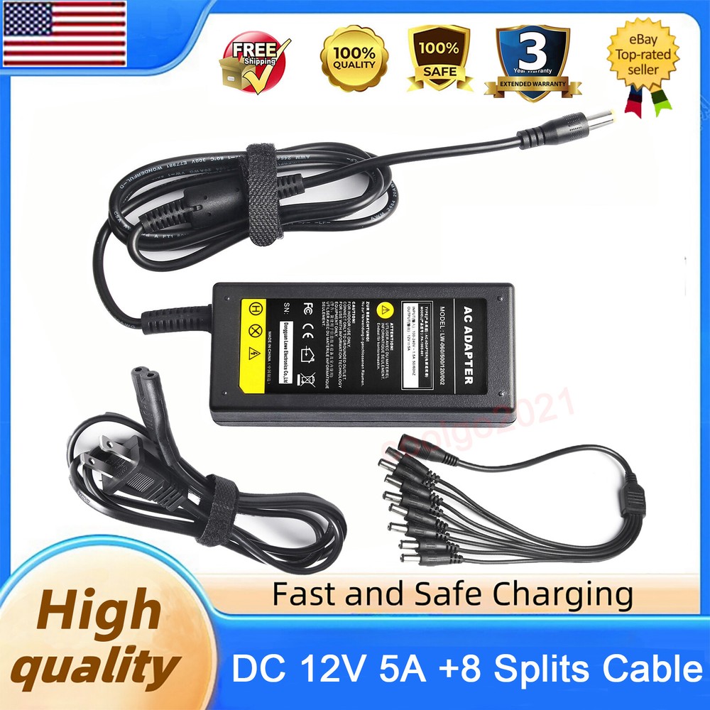 DC 12V 5A UL Power Supply Adapter or 8 Split Cable For CCTV Security Camera NVR