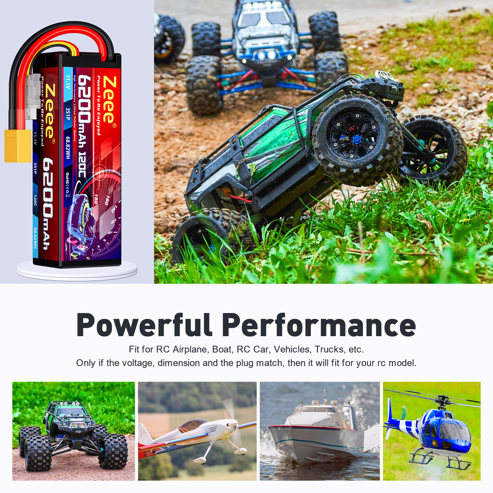 2x Zeee 3S Lipo Battery 6200mAh 11.1V 120C Hard Case XT90 for RC Car Tank Trucks