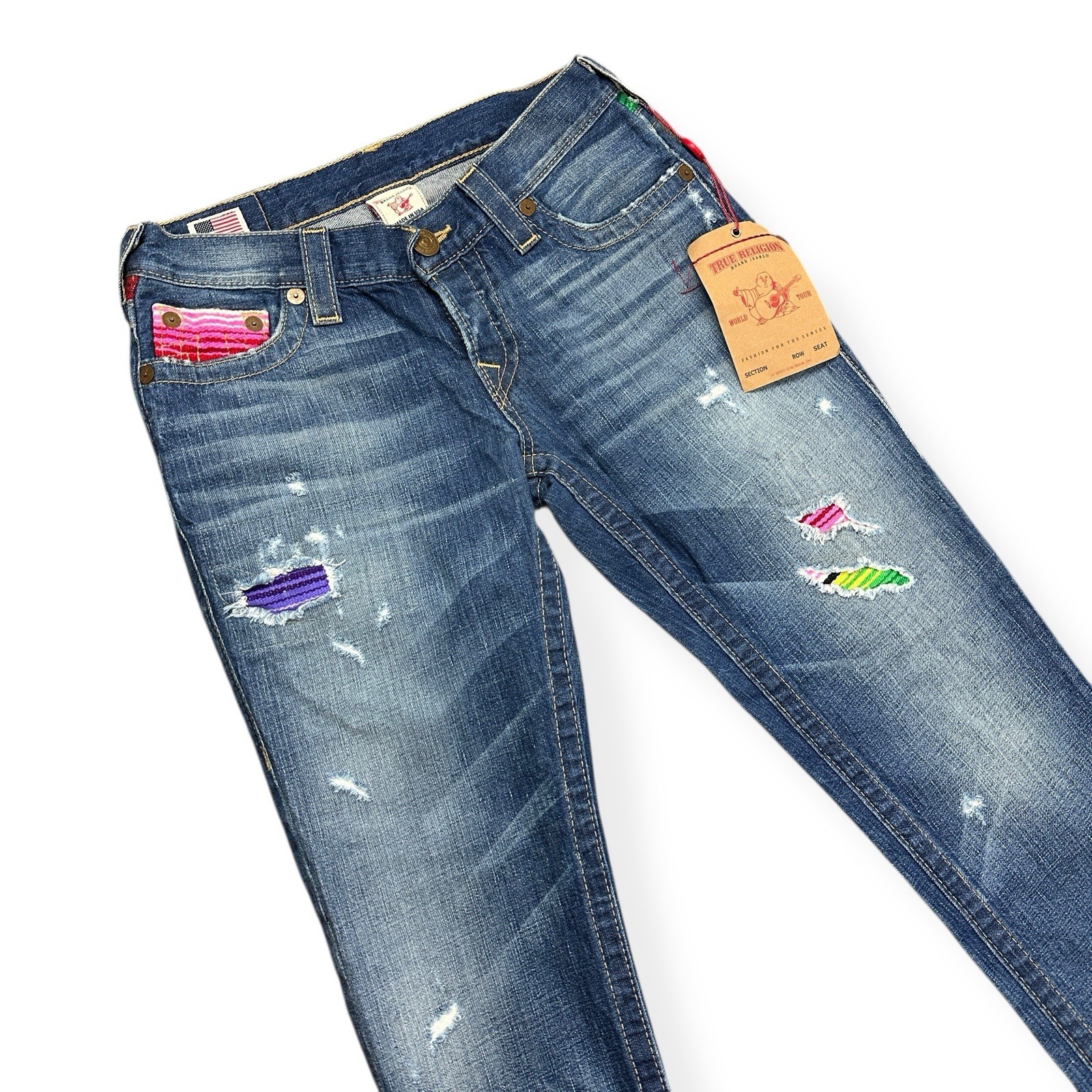 VTG True Religion Size 25 Brianna Baja Boyfriend Button-Fly Serape Patched Jeans