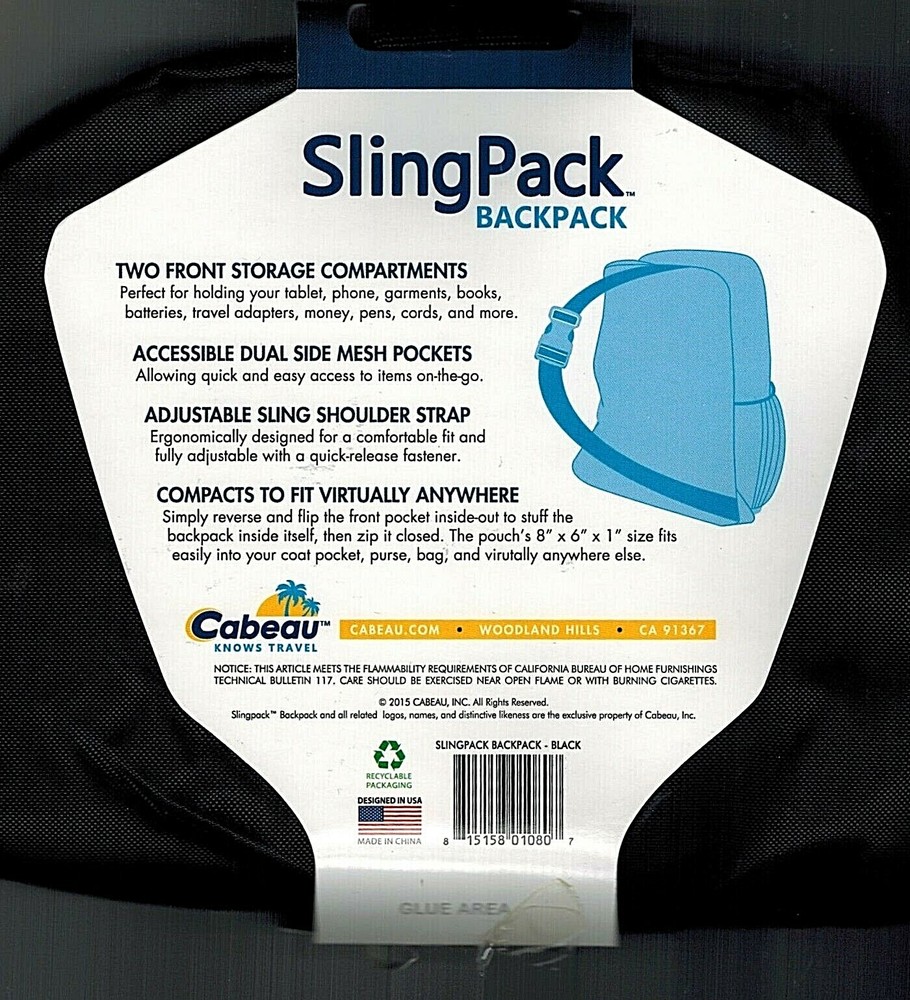Cabeau SlingPack Compact Backpack, Day Pack, Foldable, Packable