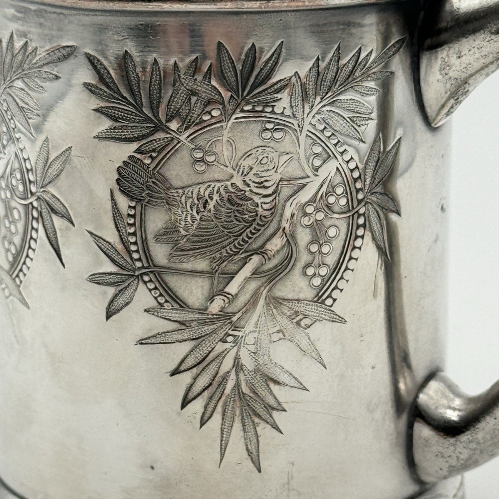 Vintage Mini Silverplate Mug Bird Bamboo Etched 3” Small Cup Keepsake Decor