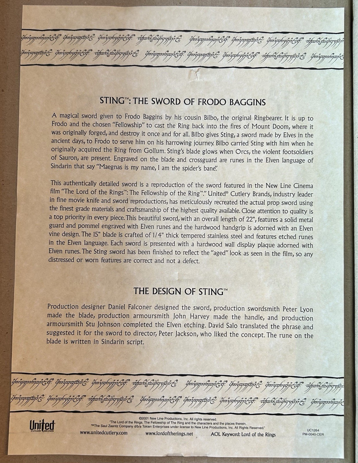 Lord of the Rings Sting LOTR Bilbo/Frodo Baggins Sword United Cut UC1264 +Bonus