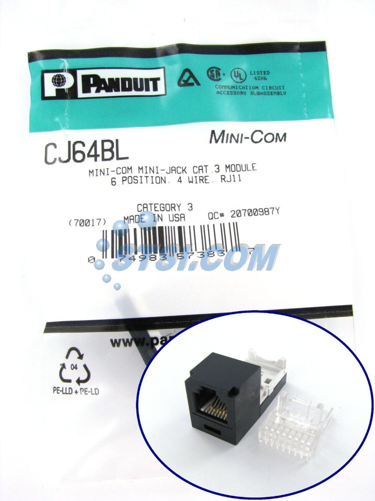 Panduit Cat3 Mini-Com Jack Module, Black CJ64BL ~STSI
