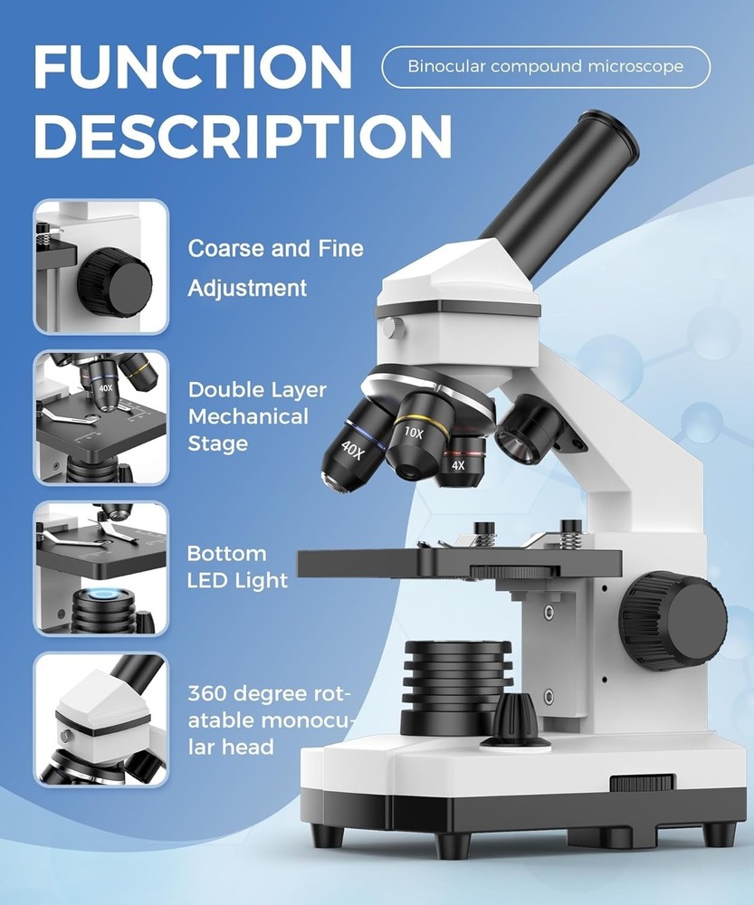 Educational Compound Microscope for Students - 2000X Magnification with Slides