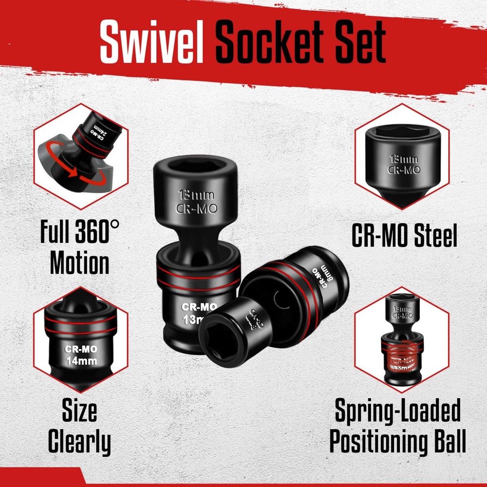 15-Piece Swivel Socket Set 3/8" Drive Shallow Impact Universal Joint Socket Set
