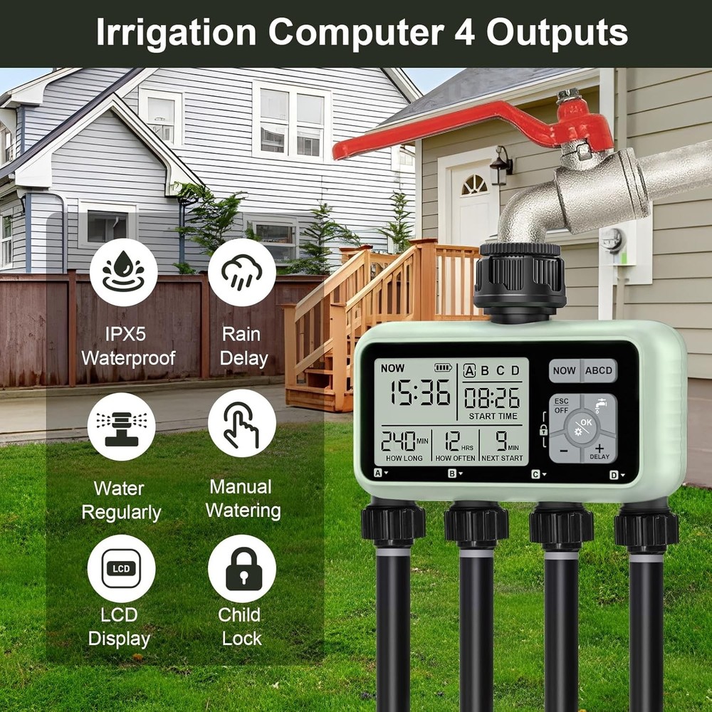 Smart Sprinkler Timer Programmable Water Timer for Garden Irrigation Auto 4 Zone