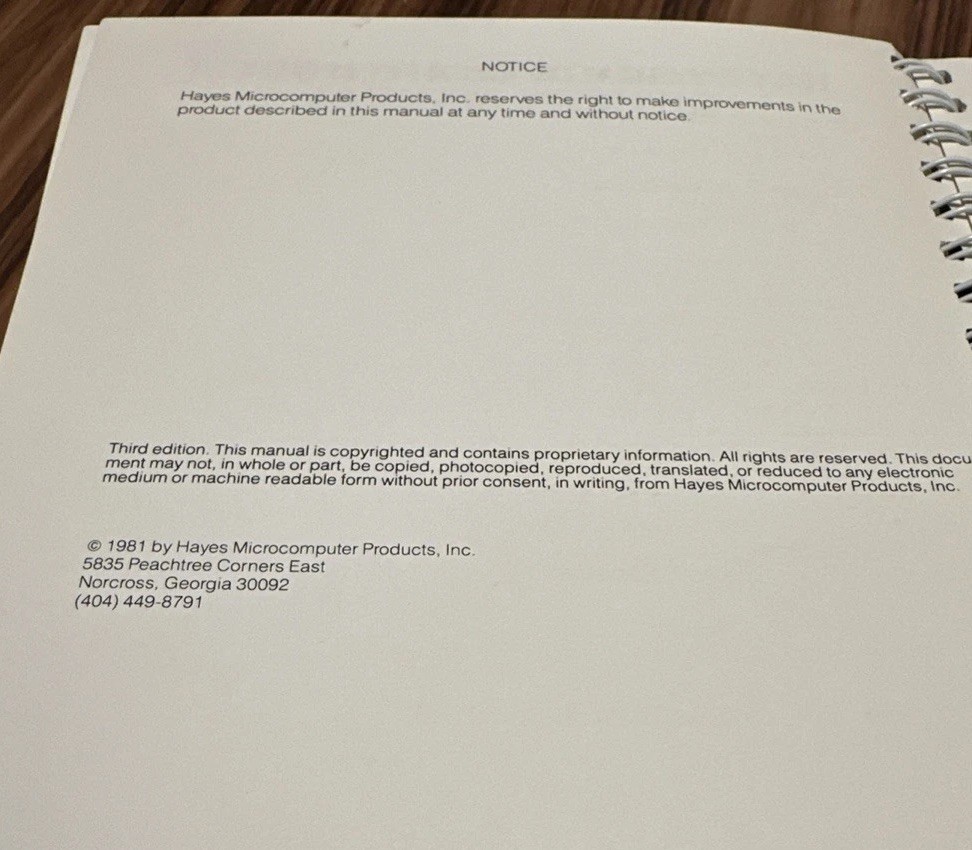 Hayes Stack Smartmodem Owner's Manual - 1981 - Spiral Bound