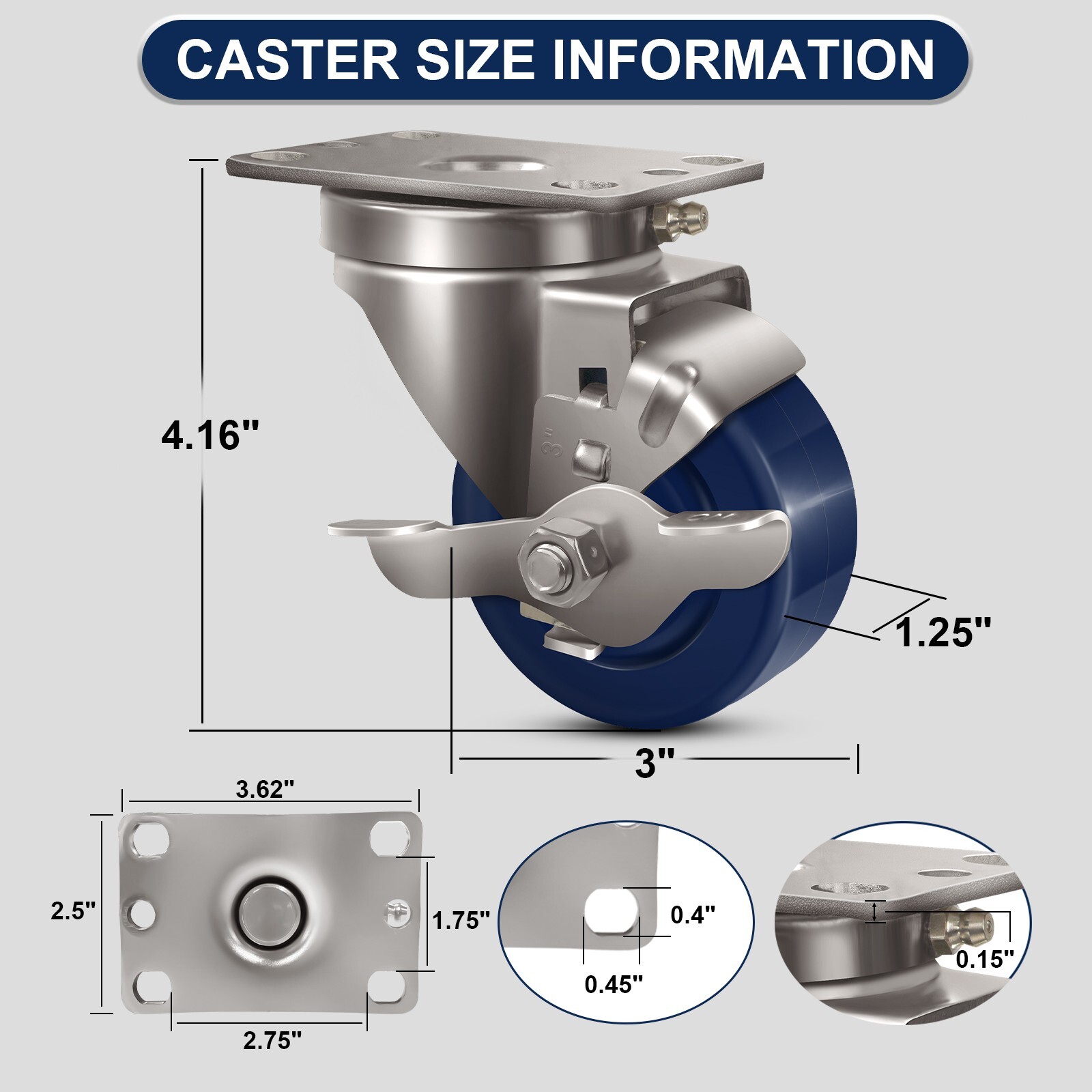 3" Stainless Steel Casters，Heavy Duty Industrial Casters， Load Capacity 1400 lbs