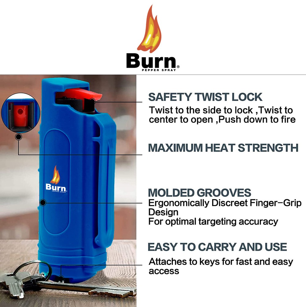 BURN Pepper Spray Keychain 0.5oz Self Defense Security Case Molded BLUE 2 PACK