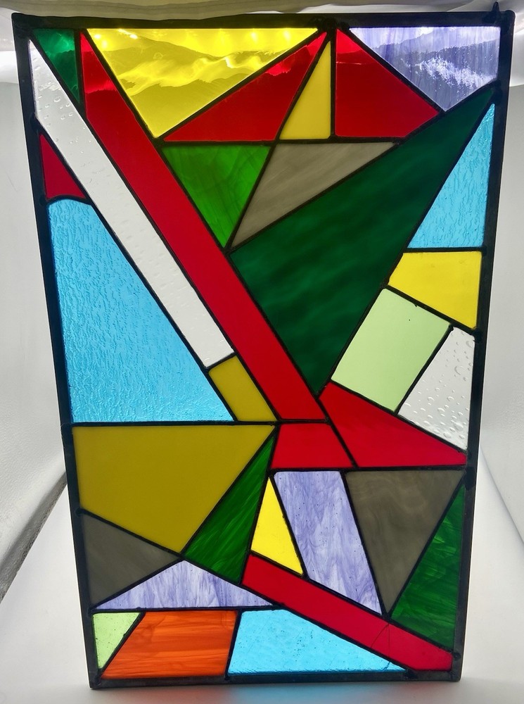 STUNNING STAINED GLASS PANEL Abstract Modern Geometric Frank Lloyd Wright Style